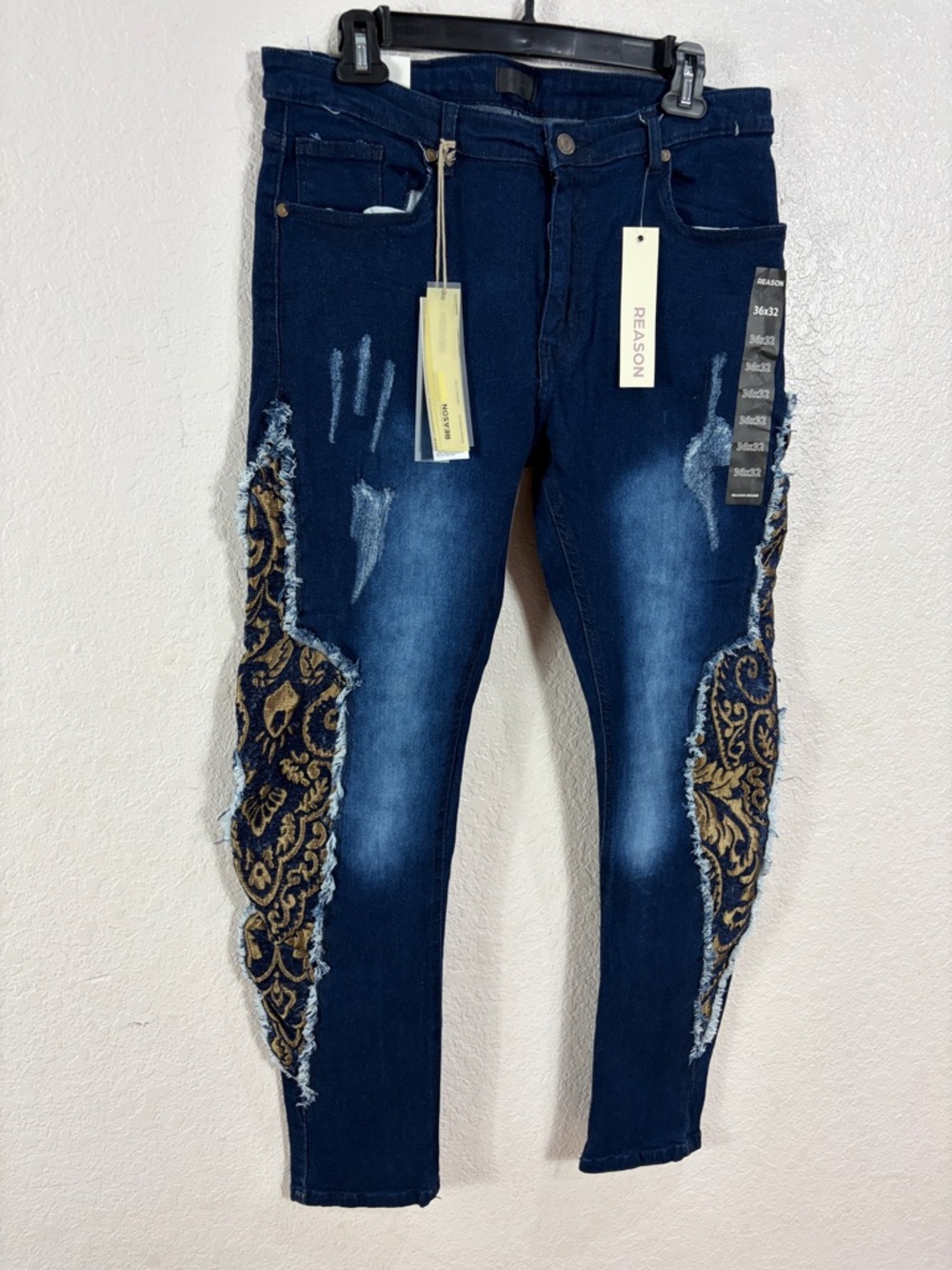 Reason Embroidered Side-Panel Skinny Jeans - Navy & Gold,Size 36x32 - Picture 4 of 17